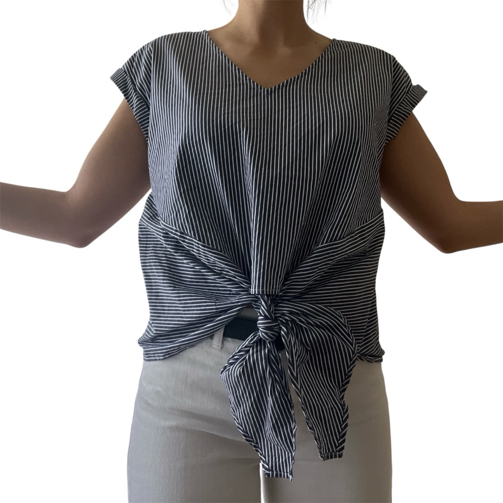 Navy and White Tie-Front Top